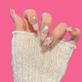 Pink French Gradient Press-On Nails with 3D Flower & Rhinestones