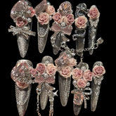 Gothic Rose & Silver 3D Press-On Nails | Extra Long Stiletto 1.18 inches
