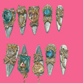 Ice Blue Gold Crown Press-On Nails | Princesscore Medium Set