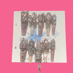 Regal Crystal Pink Press-On Nails – Long Luxury Nails with Chains & Rhinestones | NailiPress