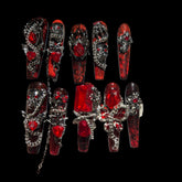 Vampire Red & Black Gothic Press-On Nails with Chains & Skulls – Long Stiletto 1.57-inch | NailiPress