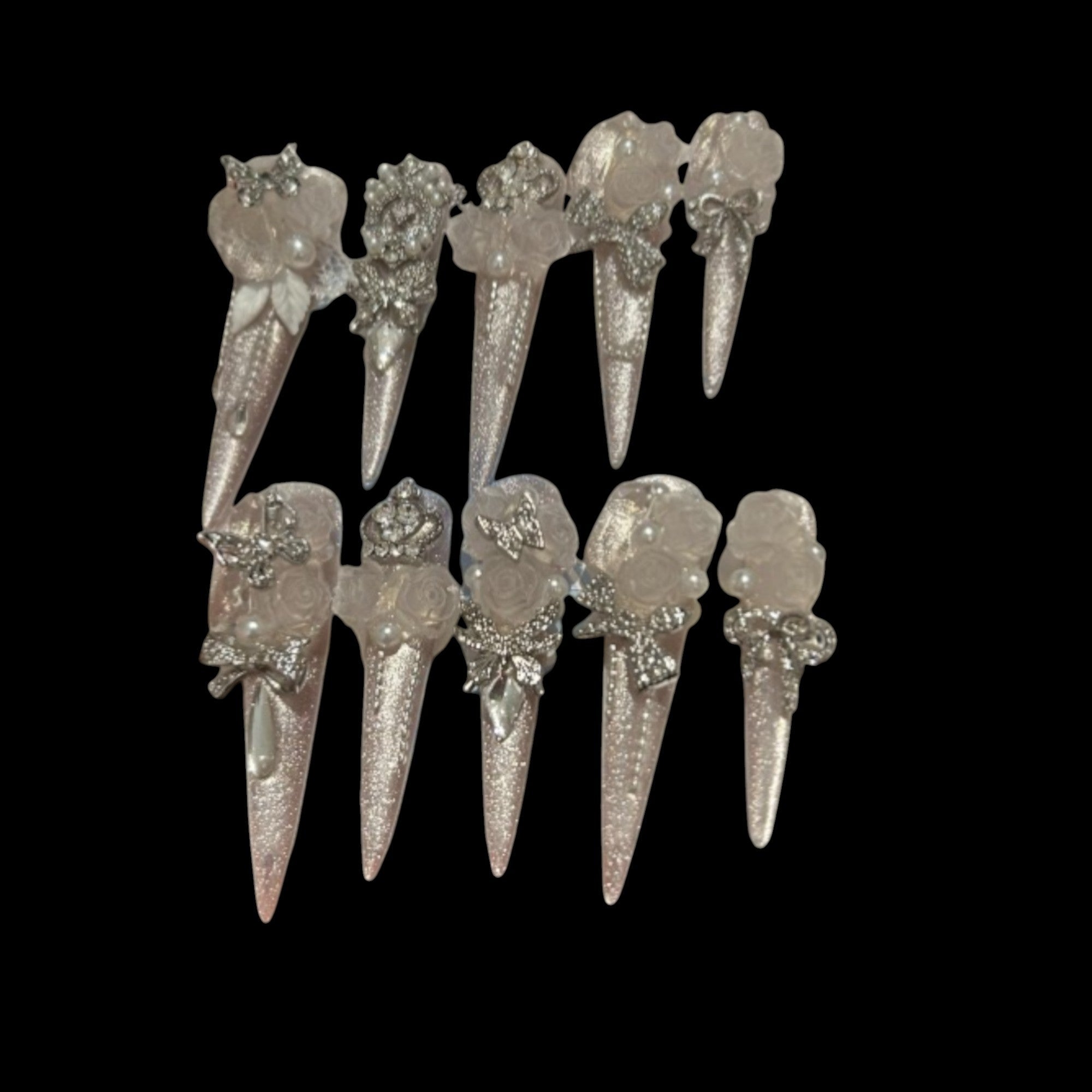 White Rose Stiletto Press-On Nails – 1.97" Glitter with Pearls & Butterflies | NailiPress