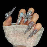 Moonlit Frost – Iridescent Lavender Press-On Nails with Silver Bows & 3D Charms