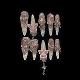 Crystal Flutter – Clear Pink Press-On Nails with Butterflies & Gem Charms 1.57''