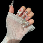 Rosy Crystal Dream – Clear Press-On Nails with Pink Roses, Butterflies & Charms