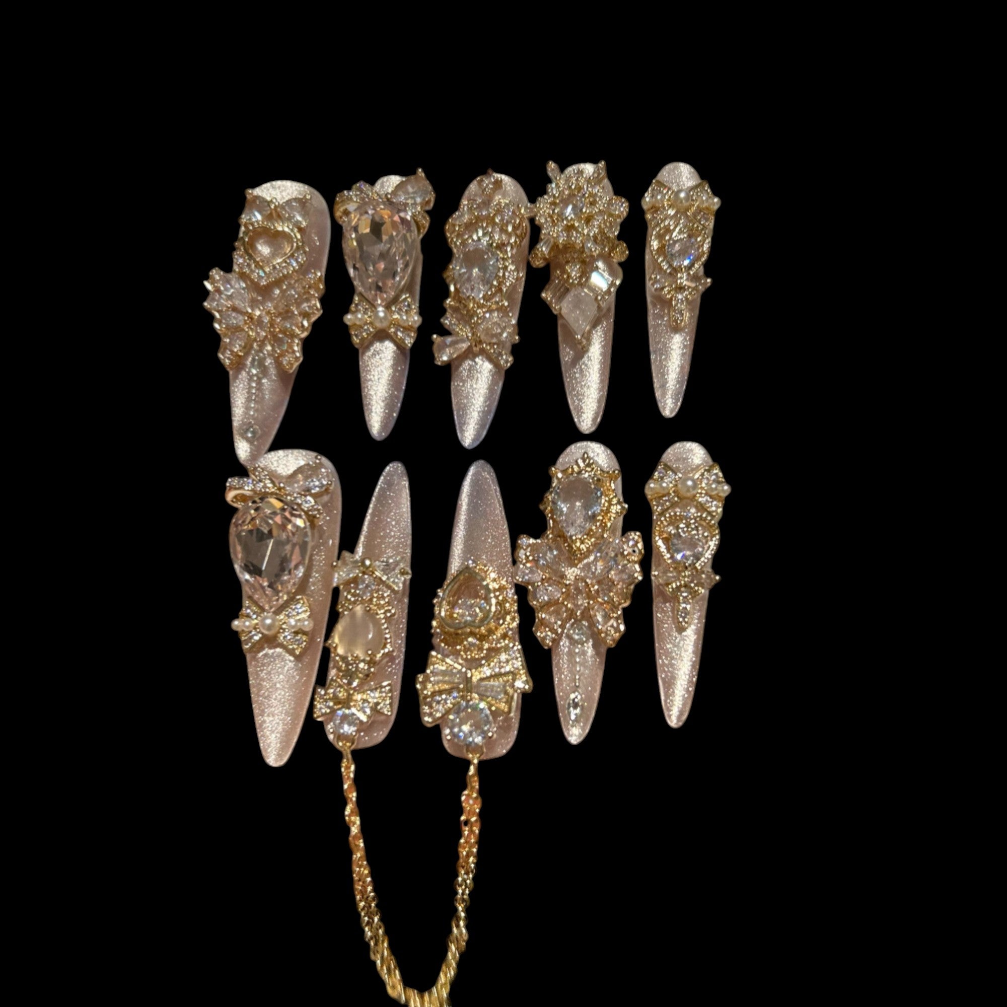 Golden Champagne Luxe – Long Stiletto Press-On Nails with Crystal Bows & Chain Charms