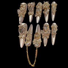 Golden Champagne Luxe – Long Stiletto Press-On Nails with Crystal Bows & Chain Charms
