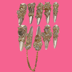 Golden Champagne Luxe – Long Stiletto Press-On Nails with Crystal Bows & Chain Charms