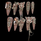Blush Butterfly Charm – Short Almond Press-On Nails with Rhinestone Chains