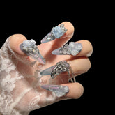 Frosted Thorns – Icy Silver Rose Stiletto Press-On Nails 1.18-inch