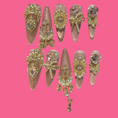 Champagne Baroque Press-On Nails – Elegant Pink Base with Royal Gold Jewels | NailiPress
