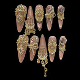 Champagne Baroque Press-On Nails – Elegant Pink Base with Royal Gold Jewels | NailiPress M