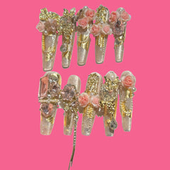 Golden Rosé Fantasy Press-On Nails – 3D Pink Roses, Butterflies & Charms | NailiPress