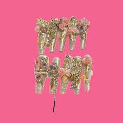 Golden Rosé Fantasy Press-On Nails – 3D Pink Roses, Butterflies & Charms | NailiPress