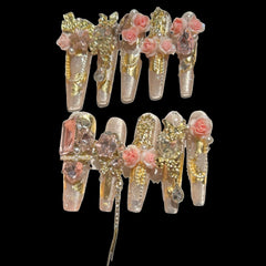 Golden Rosé Fantasy Press-On Nails – 3D Pink Roses, Butterflies & Charms | NailiPress 1.18-inch