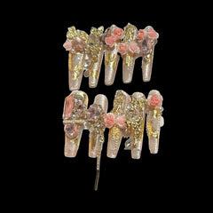 Golden Rosé Fantasy Press-On Nails – 3D Pink Roses, Butterflies & Charms | NailiPress