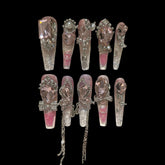 Princess Glimmer – Pink Gradient Press-On Nails with Chains & Heart Jewels