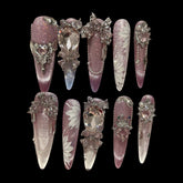 Amethyst Bloom – Press-On Nails with Crystal Charms & Hand-Painted Florals 1.18-inch