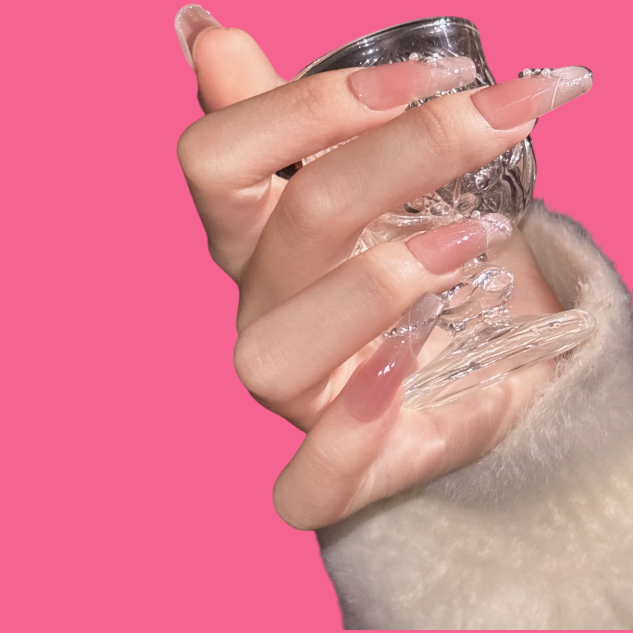 Elegant Pink Ombre Press-On Nails | Long Coffin Shape with Glitter & Rhinestones