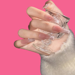 Elegant Pink Ombre Press-On Nails | Long Coffin Shape with Glitter & Rhinestones