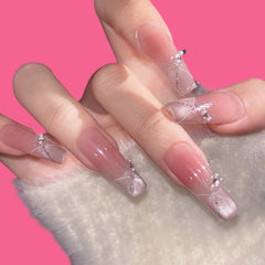 Elegant Pink Ombre Press-On Nails | Long Coffin Shape with Glitter & Rhinestones