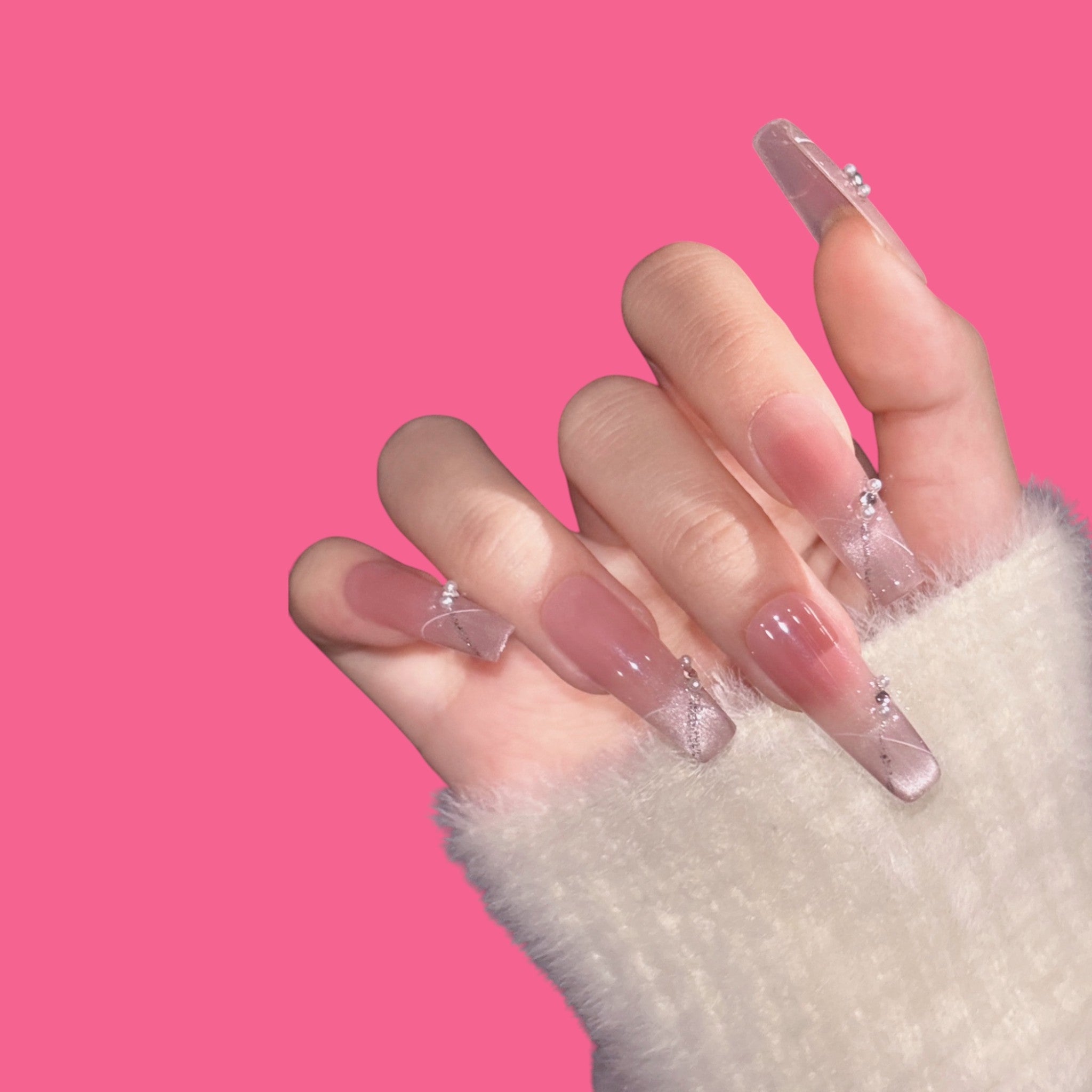 Elegant Pink Ombre Press-On Nails | Long Coffin Shape with Glitter & Rhinestones