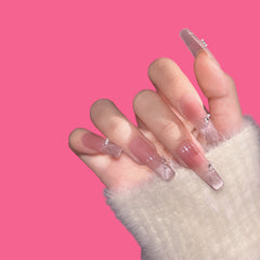 Elegant Pink Ombre Press-On Nails | Long Coffin Shape with Glitter & Rhinestones