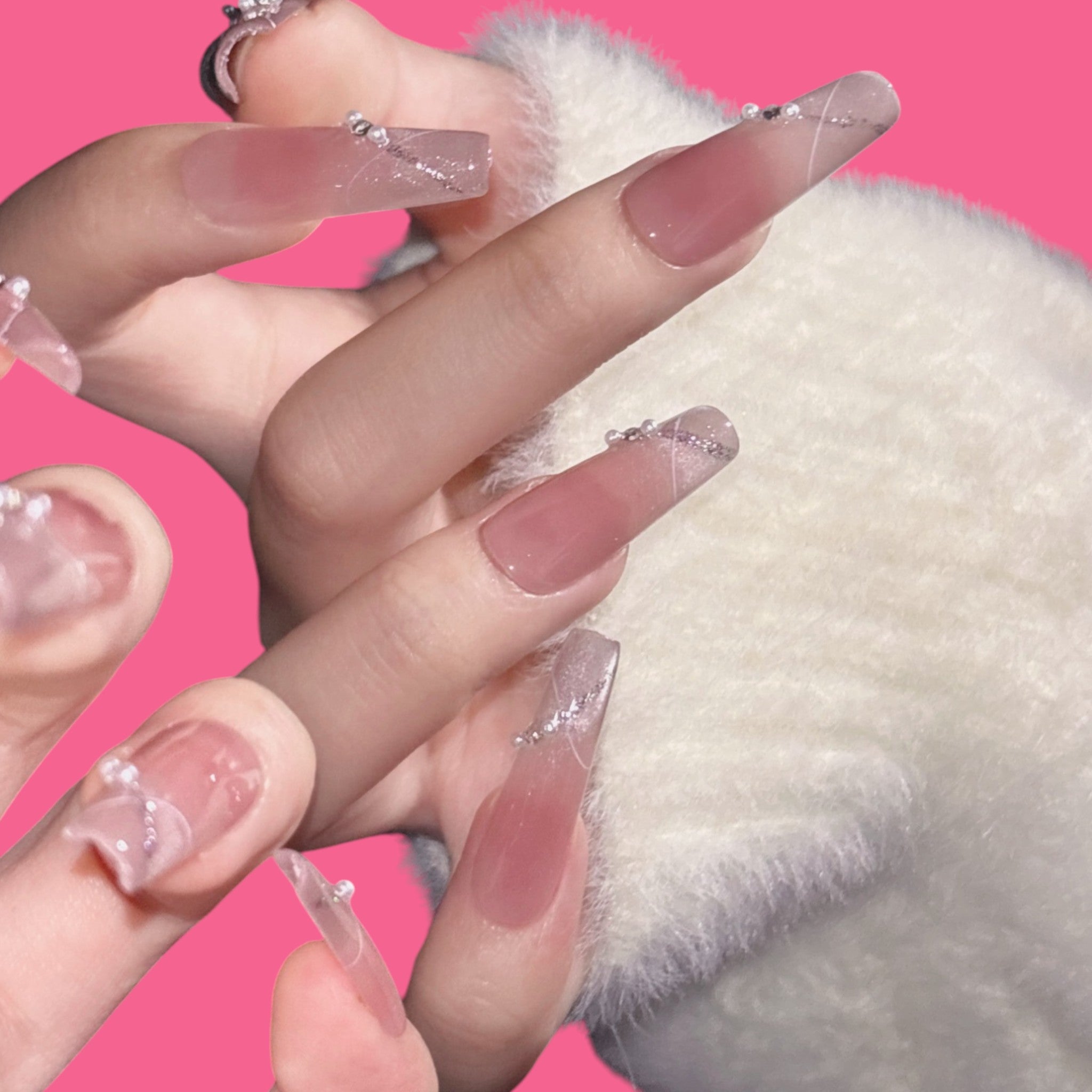 Elegant Pink Ombre Press-On Nails | Long Coffin Shape with Glitter & Rhinestones