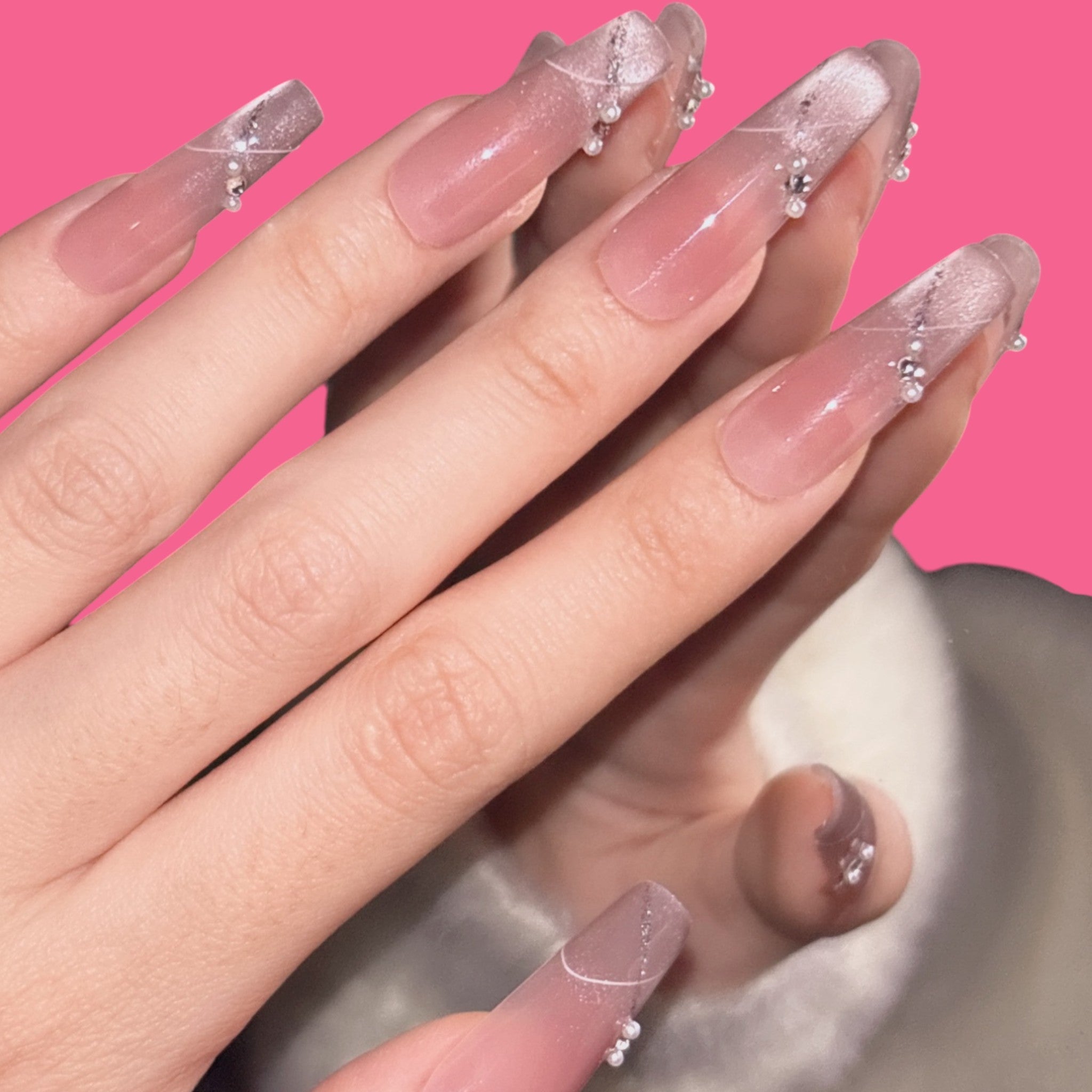 Elegant Pink Ombre Press-On Nails | Long Coffin Shape with Glitter & Rhinestones