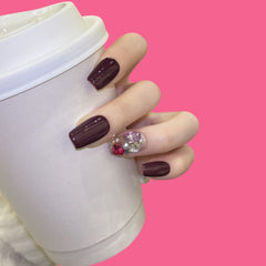 Wine Red Press-On Nails with Crystal Accent