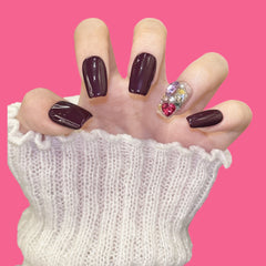 Wine Red Press-On Nails with Crystal Accent