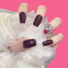 Wine Red Press-On Nails with Crystal Accent