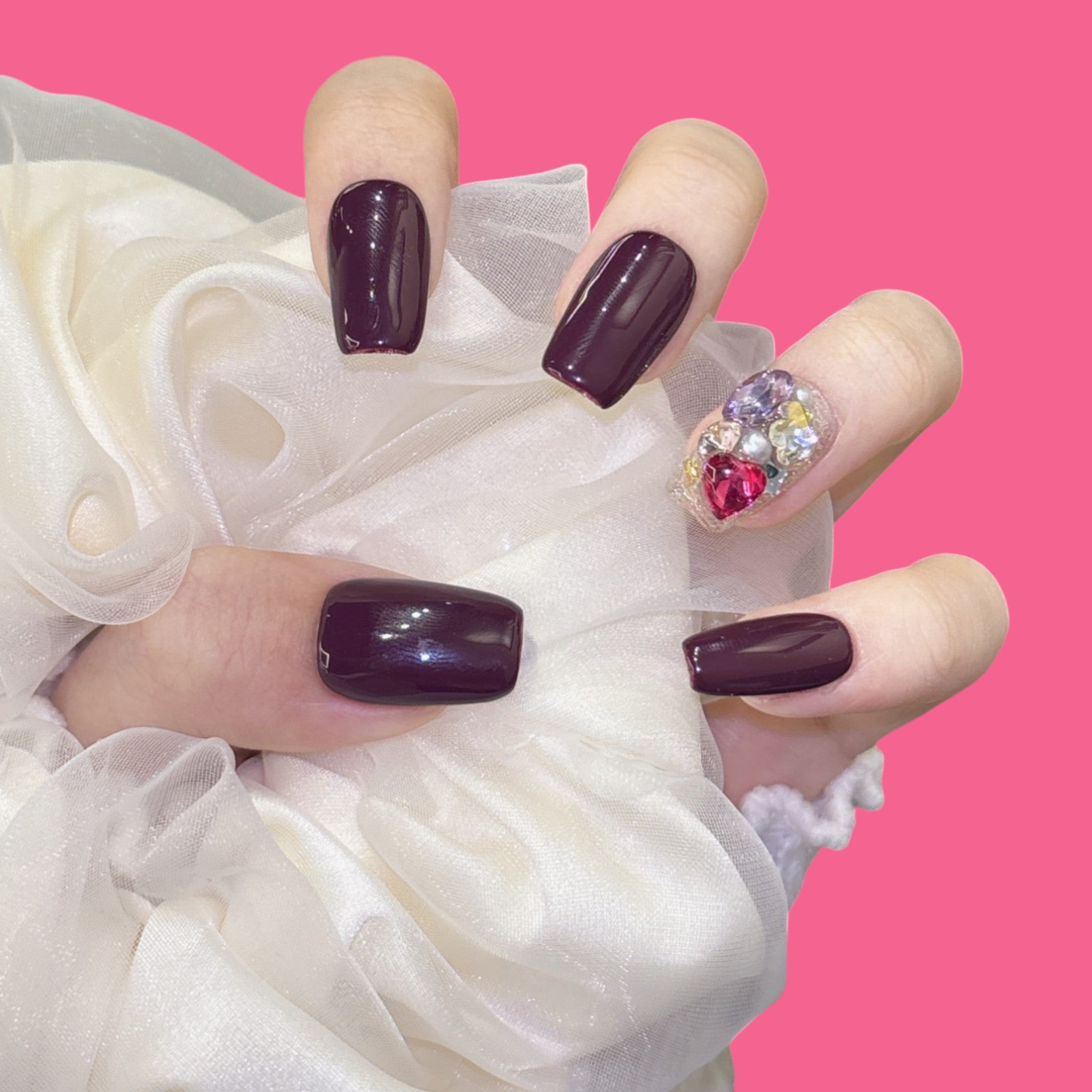 Wine Red Press-On Nails with Crystal Accent