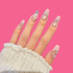 Pink French Gradient Press-On Nails with 3D Flower & Rhinestones
