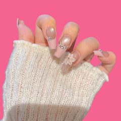 Pink French Gradient Press-On Nails with 3D Flower & Rhinestones