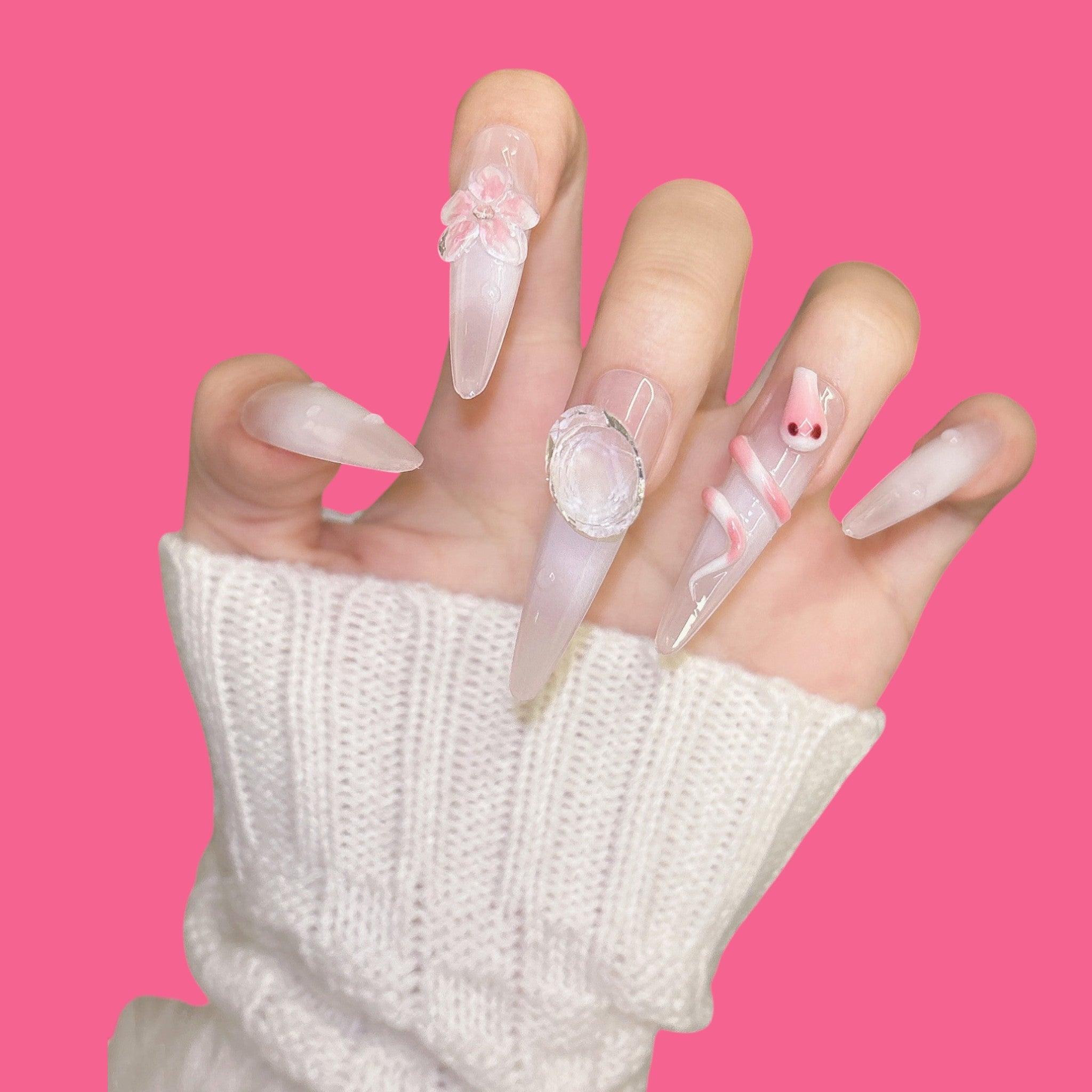 Luxury Pink Snake & Crystal Press-On Nails