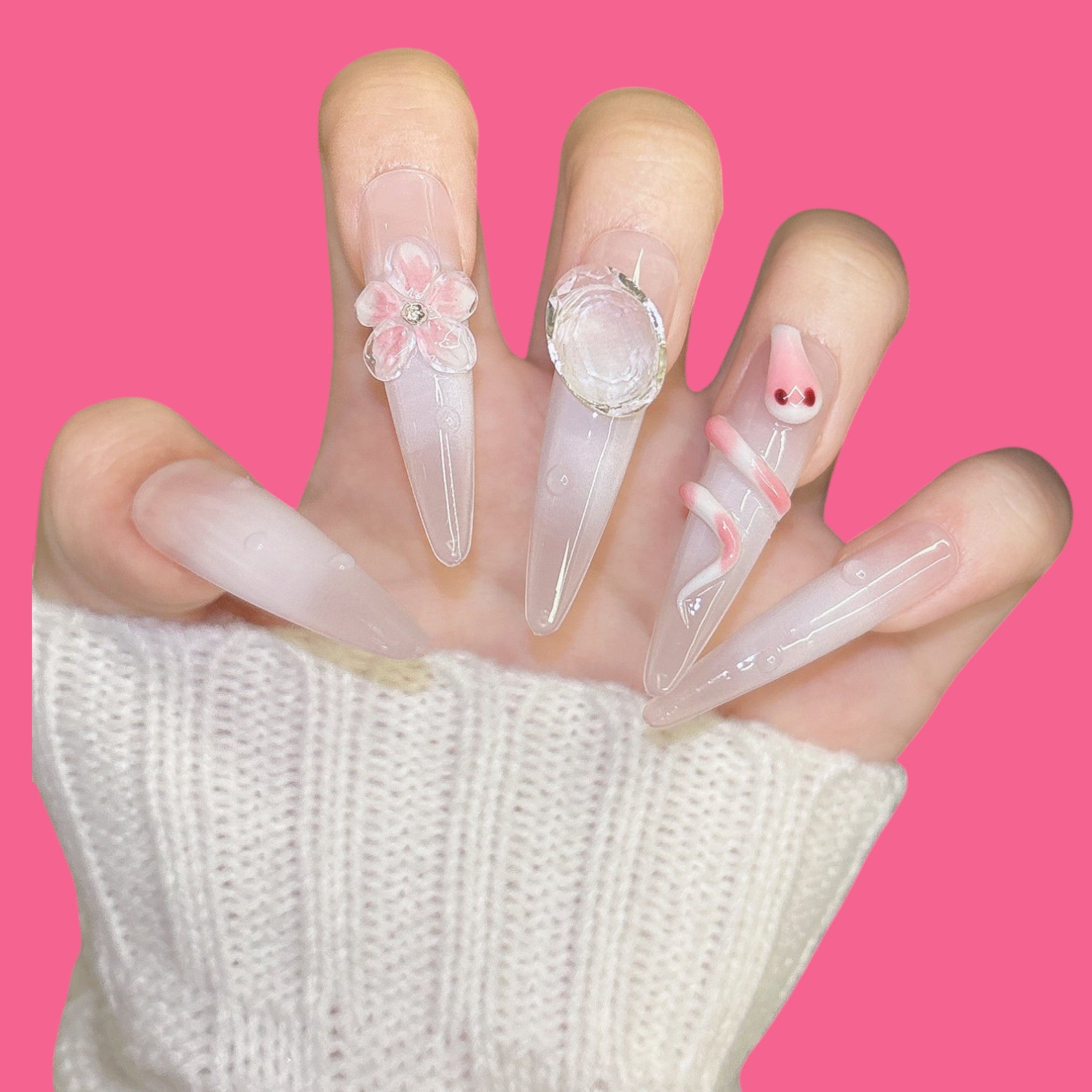 Luxury Pink Snake & Crystal Press-On Nails
