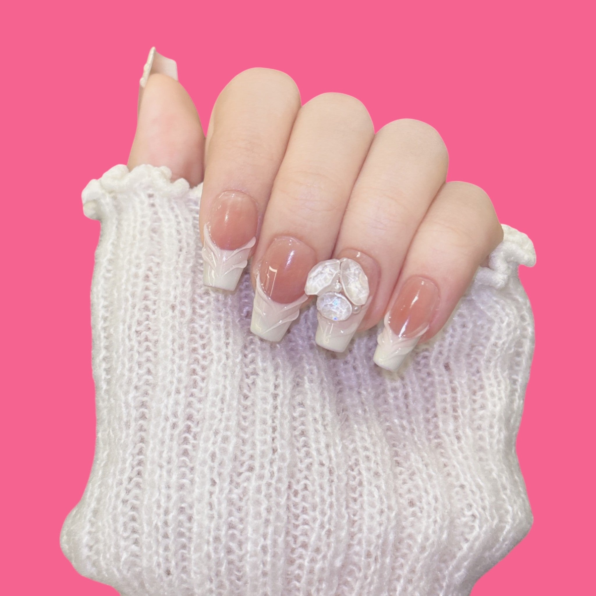 Elegant White Carved French Press-On Nails