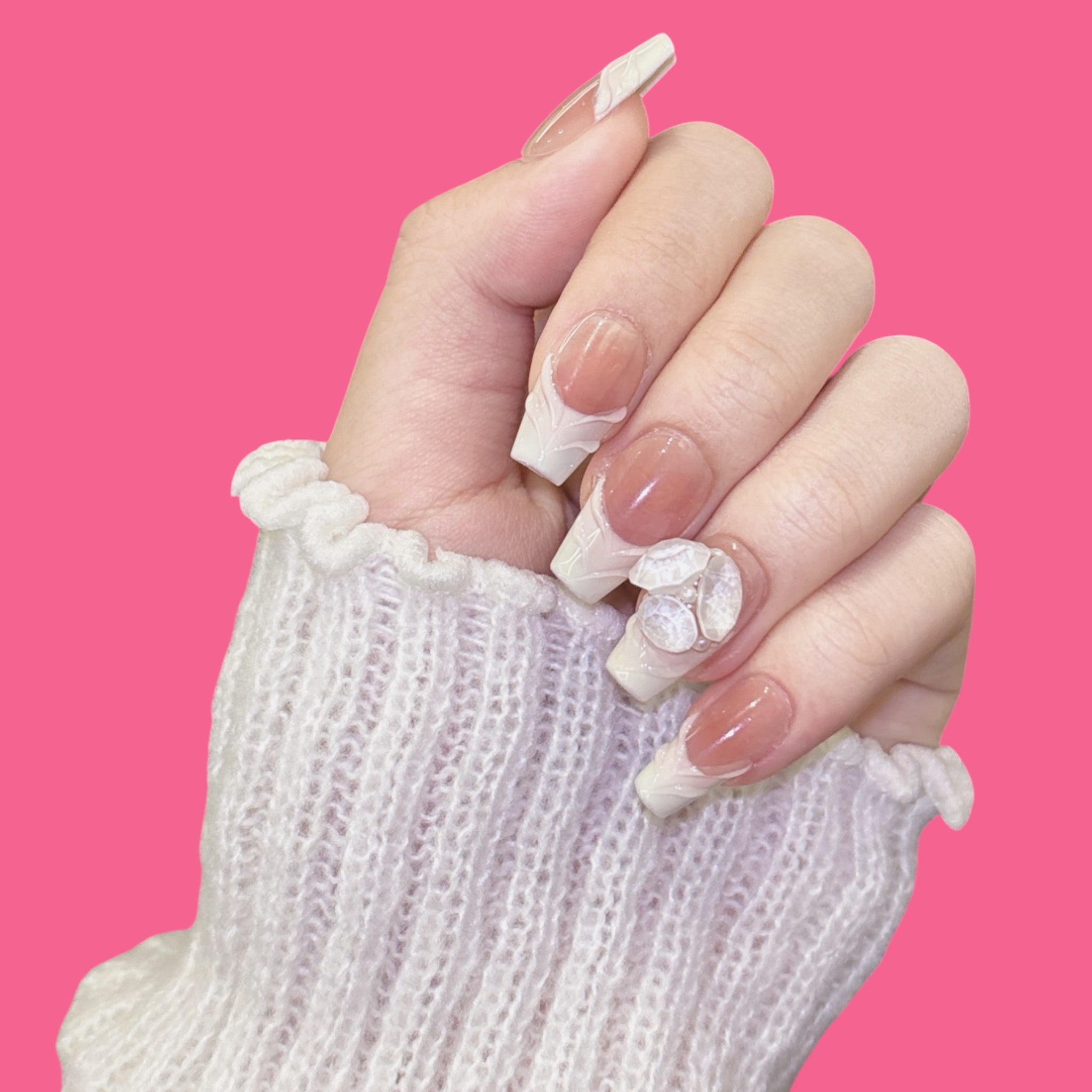 Elegant White Carved French Press-On Nails