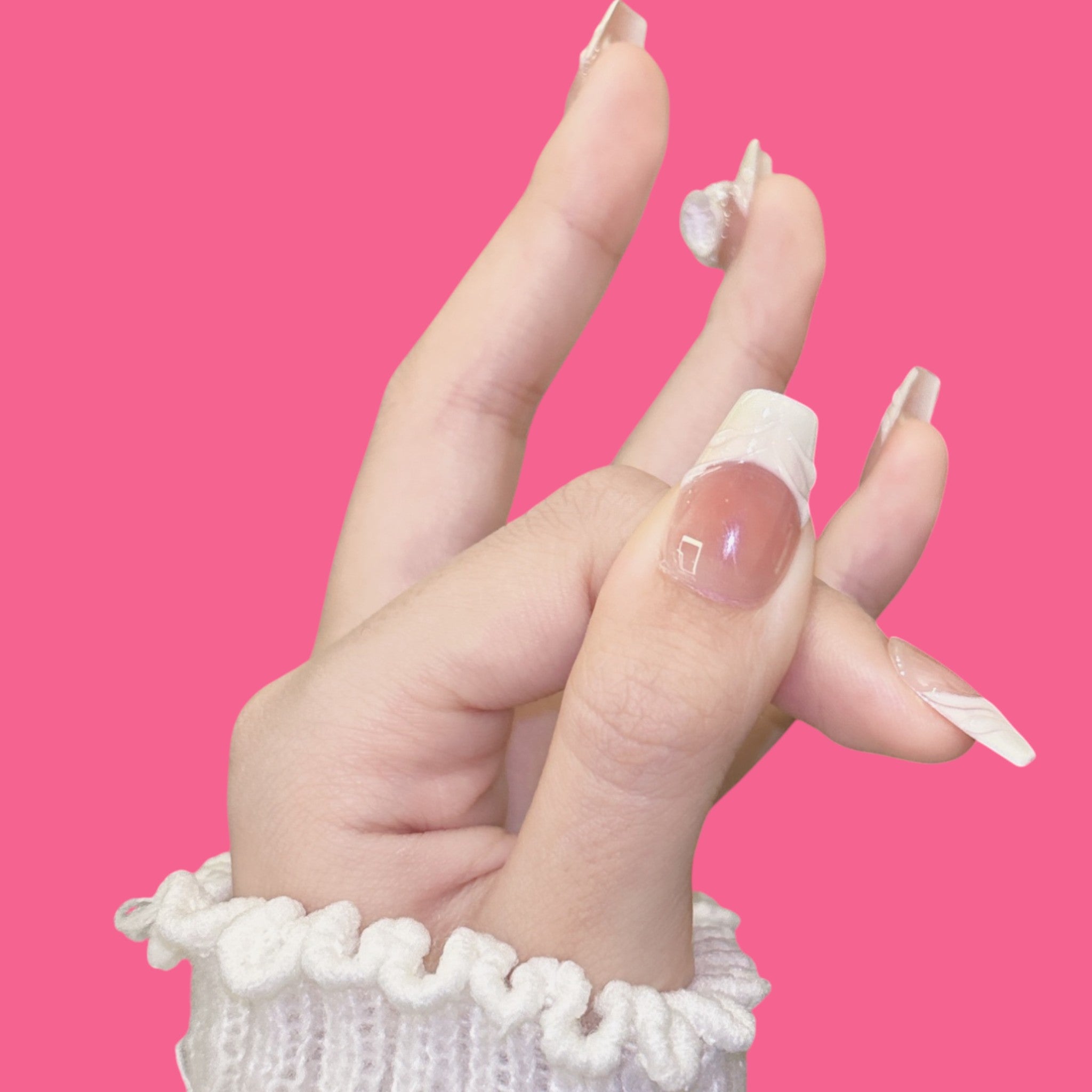 Elegant White Carved French Press-On Nails