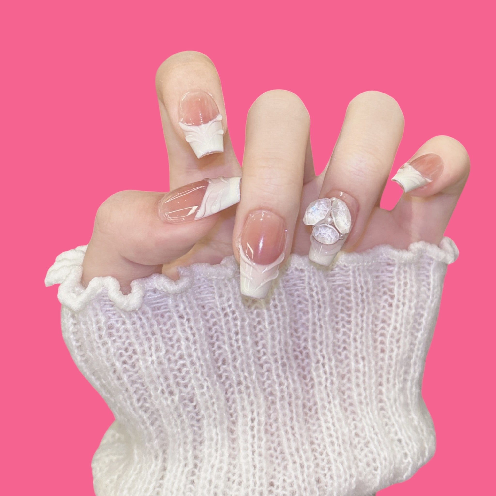 Elegant White Carved French Press-On Nails