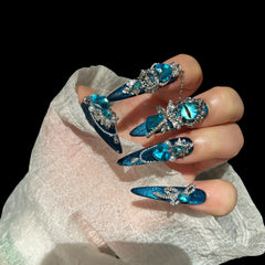 Glamorous Blue Crystal Press-On Nails