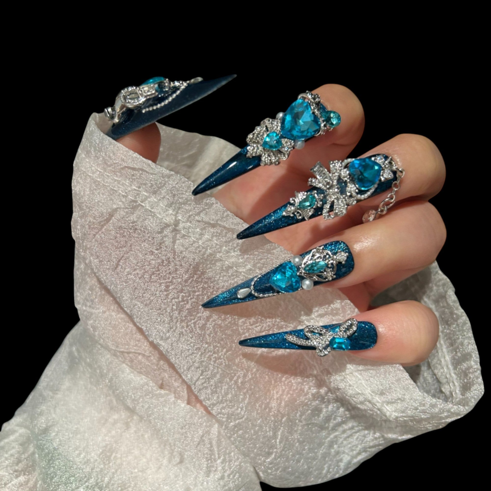 Glamorous Blue Crystal Press-On Nails