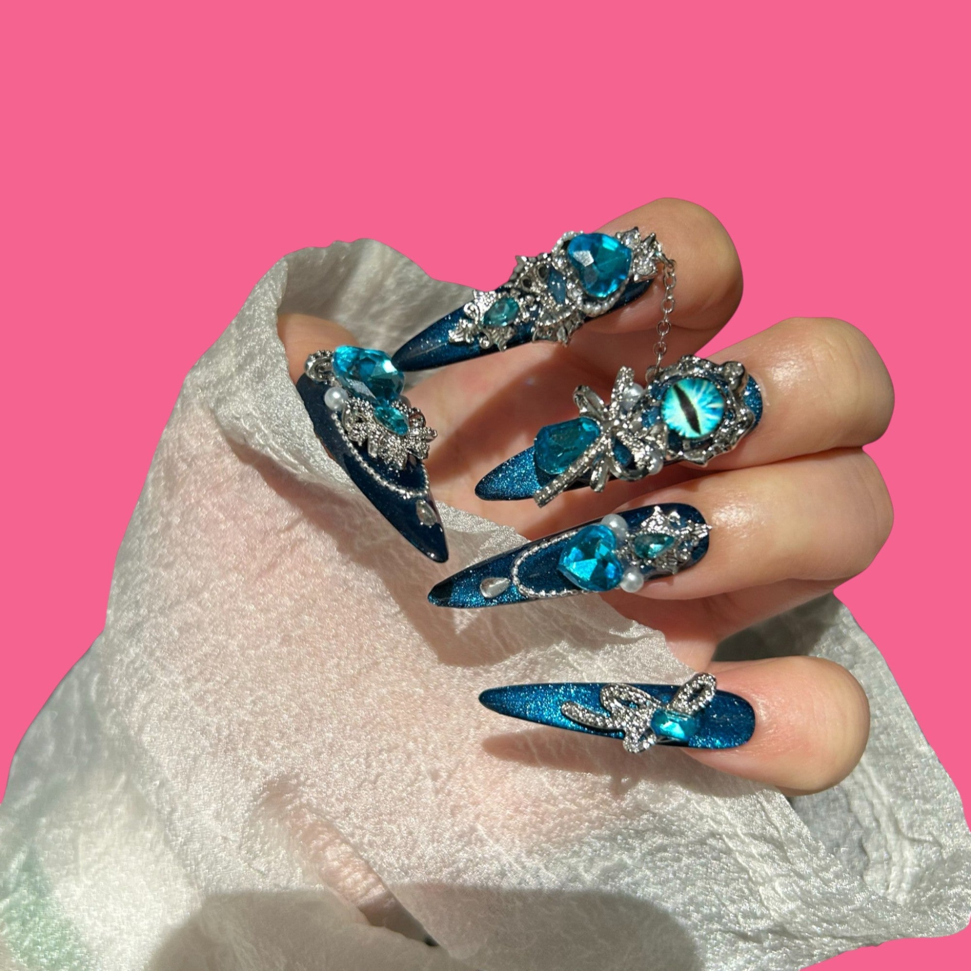 Glamorous Blue Crystal Press-On Nails