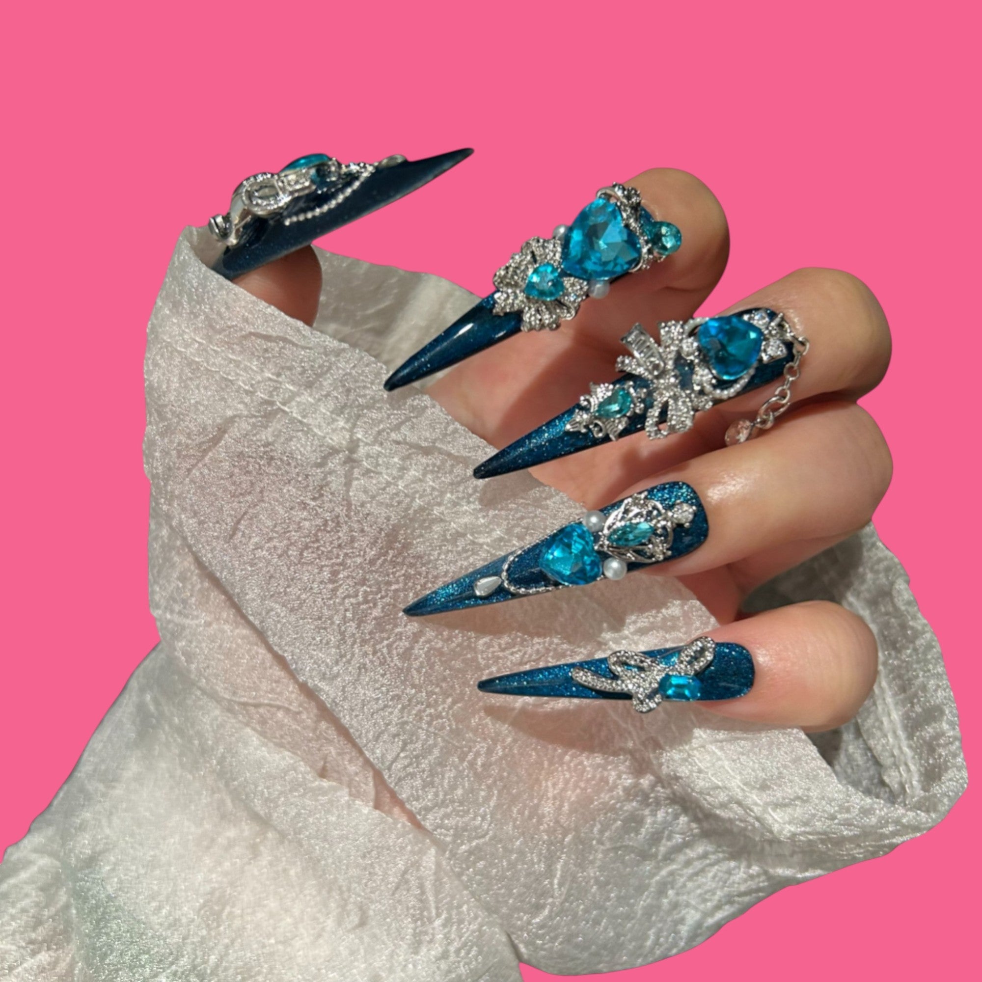Glamorous Blue Crystal Press-On Nails