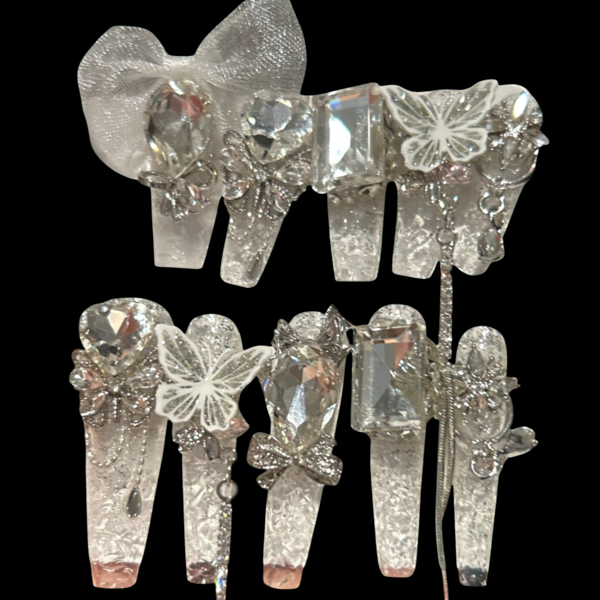 Crystal Chrome Butterfly Press-On Nails | Coffin Medium Length