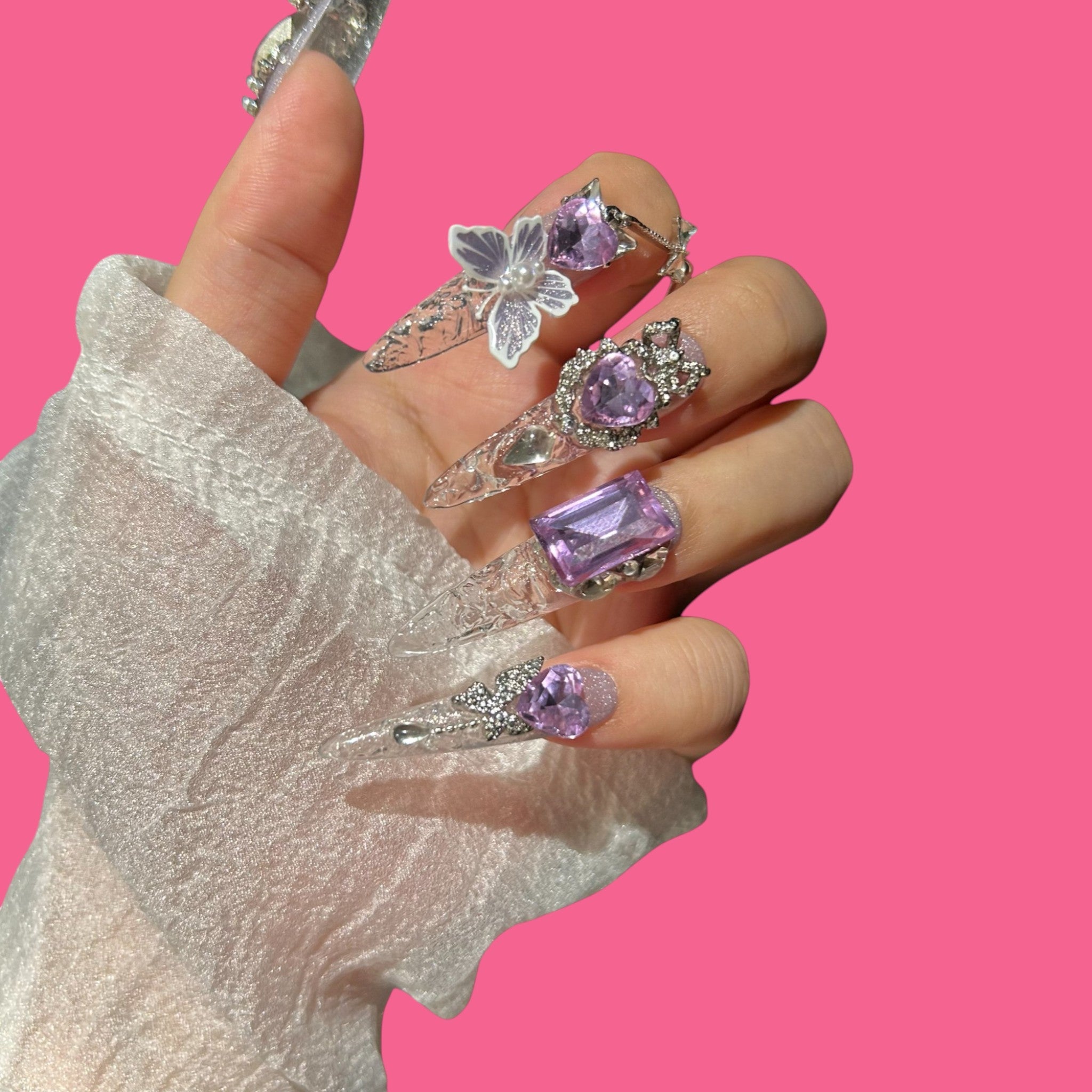 Luxury Purple Butterfly Press-On Nails | Extra Long Stiletto Glam Set