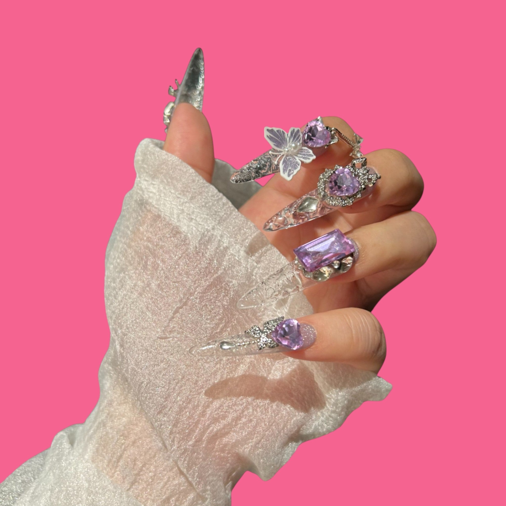 Luxury Purple Butterfly Press-On Nails | Extra Long Stiletto Glam Set