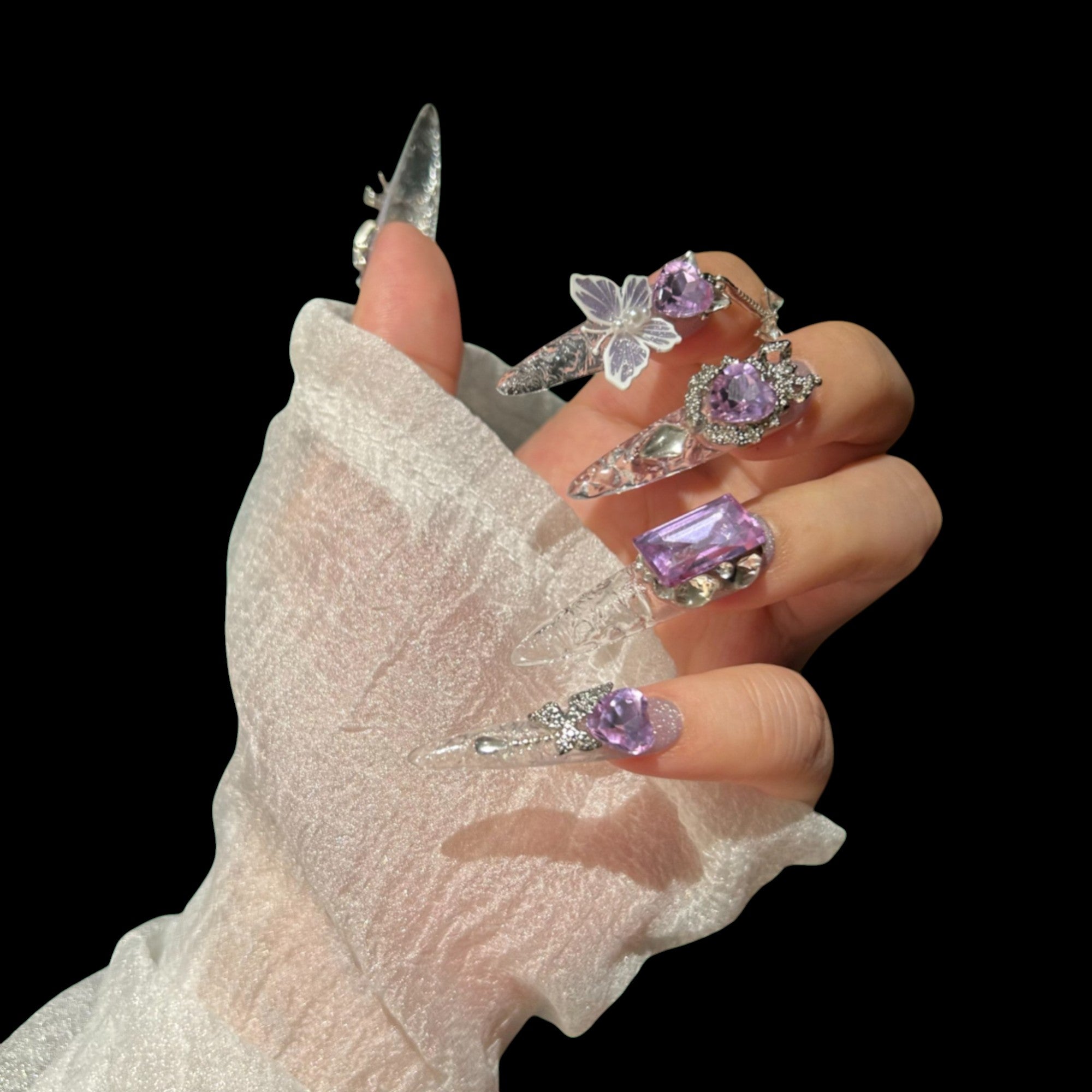 Luxury Purple Butterfly Press-On Nails | Extra Long Stiletto Glam Set