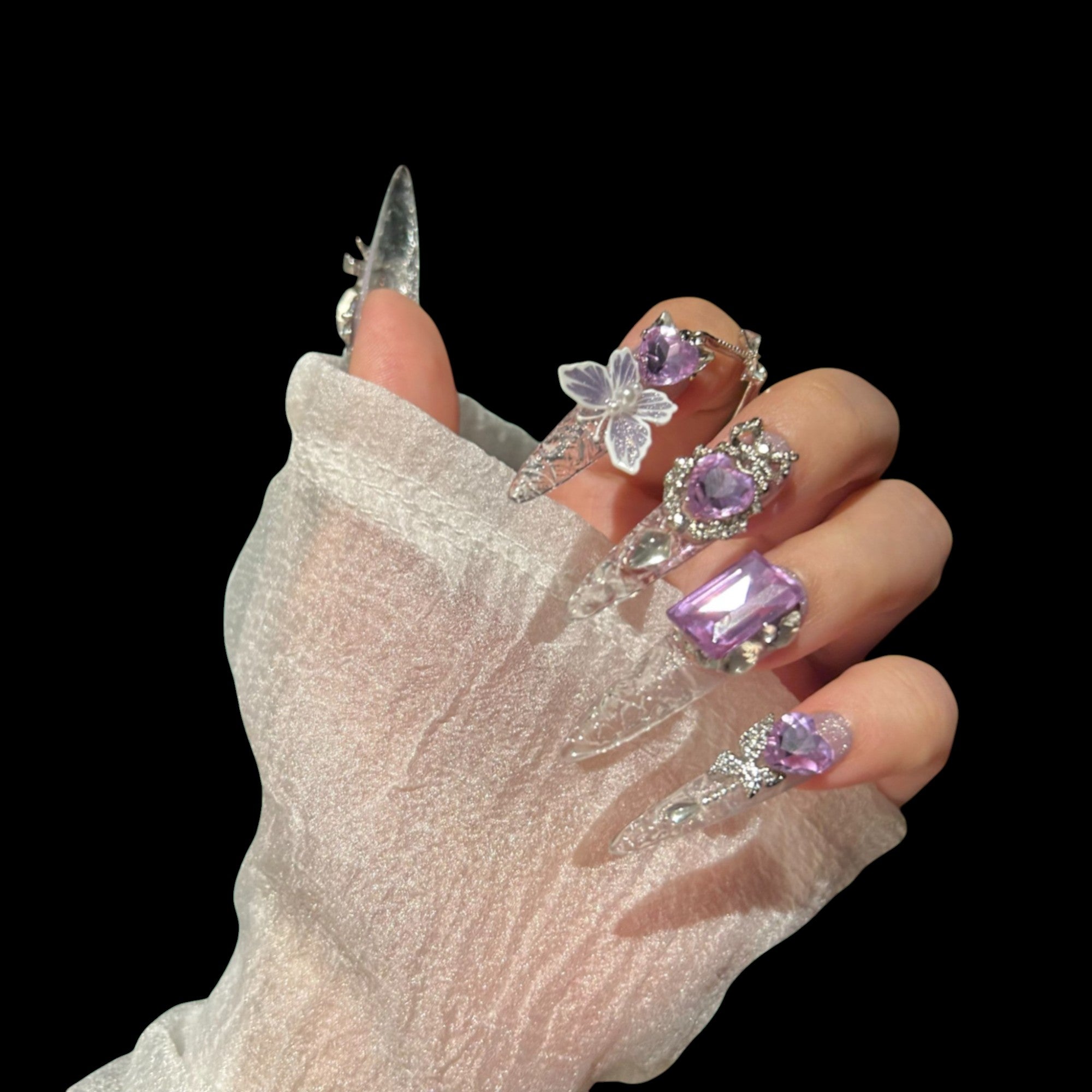 Luxury Purple Butterfly Press-On Nails | Extra Long Stiletto Glam Set